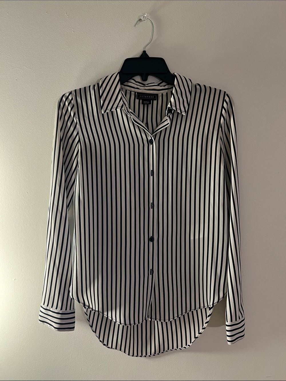 Express White and Black Vertical Stripe Button-Down Blouse